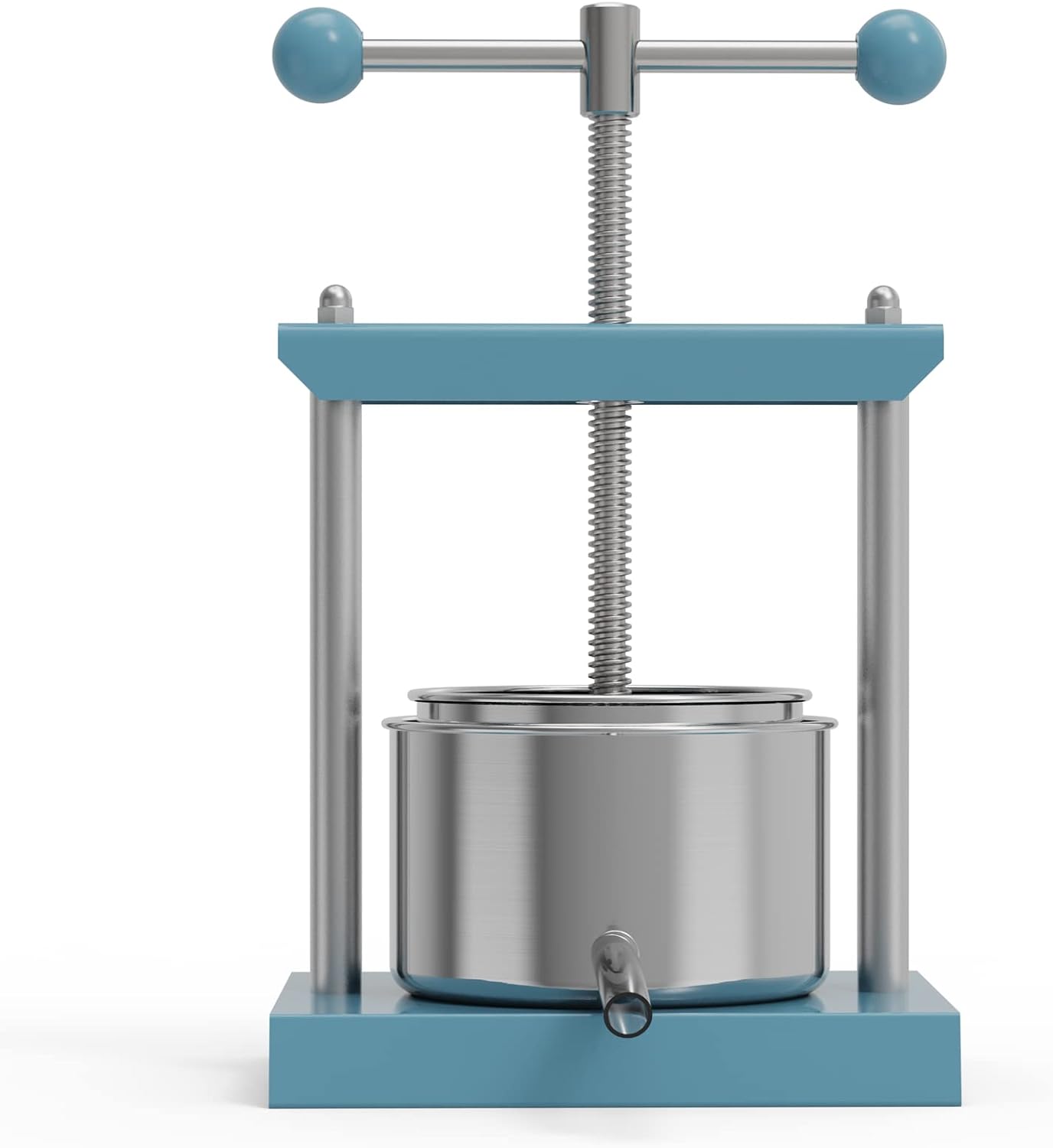 SQUEEZE master Manual Juicer Stainless Steel Energy Saving being used on a kitchen countertop, hands turning the crank while a glass of fresh juice fills the collection bowl