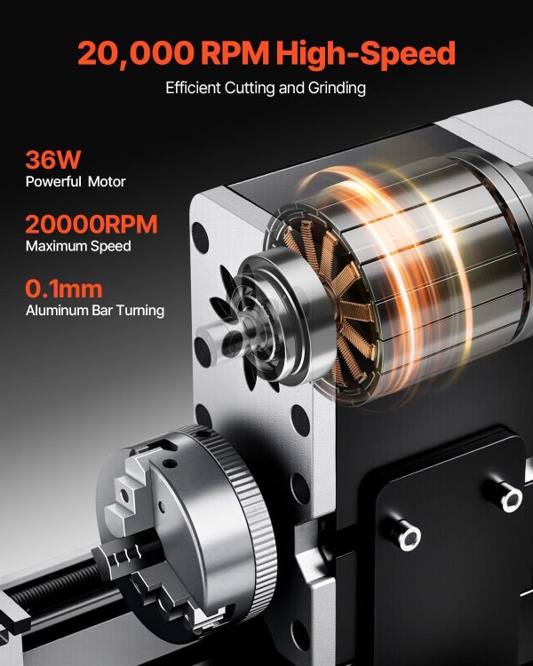 VEVOR Didactical Mini Metal Lathe Machine, 2.76 x 5.12 in, 36W Power Metal Lathe, 20,000 RPM Speed, with 3-jaw Chuck, Aluminum Alloy Handwheel, for Processing Precision Parts Soft Metals Wood Plastics-1