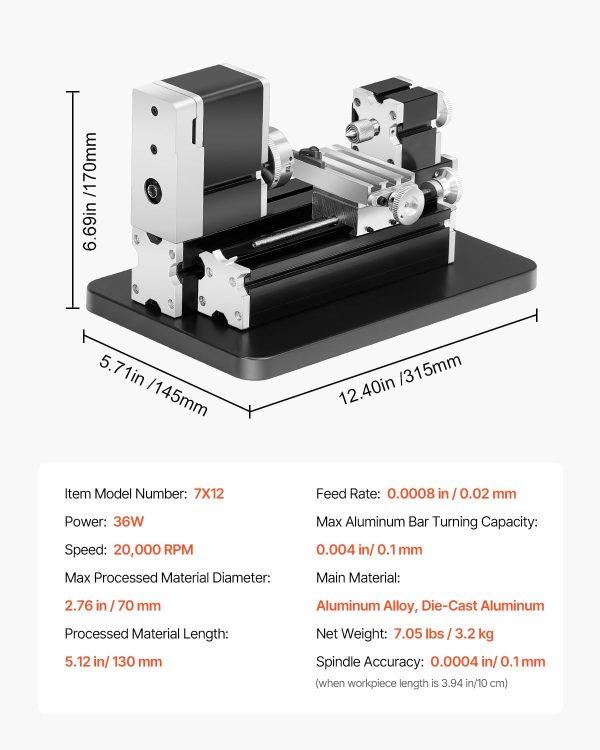 VEVOR Didactical Mini Metal Lathe Machine, 2.76 x 5.12 in, 36W Power Metal Lathe, 20,000 RPM Speed, with 3-jaw Chuck, Aluminum Alloy Handwheel, for Processing Precision Parts Soft Metals Wood Plastics-6