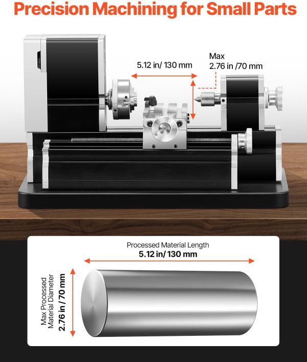 VEVOR Didactical Mini Metal Lathe Machine, 2.76 x 5.12 in, 36W Power Metal Lathe, 20,000 RPM Speed, with 3-jaw Chuck, Aluminum Alloy Handwheel, for Processing Precision Parts Soft Metals Wood Plastics-2