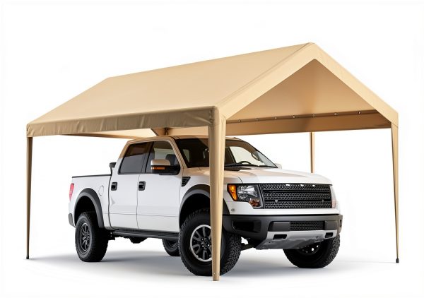 Rutile 10 x 20 FT Carport Replacement Cover, Heavy Duty Car Tarp Canopy Tent Garage Top Shelter Cover with Fabric Leg Pole Skirts and Ball Bungees Beige (Only Top Cover, Frame is not Included)-3