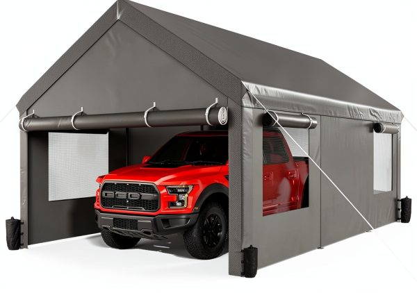 JAMFLY Carport, 12x20 ft Heavy Duty Carport with Roll-up Windows, Portable Garage with Removable Sidewalls & Doors, Car Canopy with Sandbags and All-Season Tarp for Car Boat Truck Motorcycle, Grey-0
