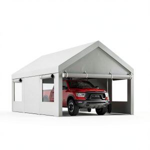 JY QAQA Carport, 12x20 FT Heavy Duty Carport with Removable Side Walls and Doors, Portable Garage with Roll-Up Window and Sandbags, Car Canopy with All-Season Tarp for Cars, Trucks, Boats, Grey-0