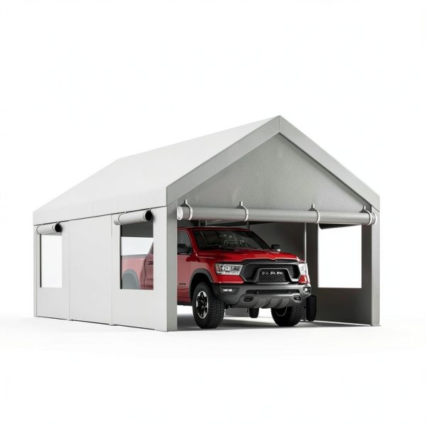 JY QAQA Carport, 12x20 FT Heavy Duty Carport with Removable Side Walls and Doors, Portable Garage with Roll-Up Window and Sandbags, Car Canopy with All-Season Tarp for Cars, Trucks, Boats, Grey-0