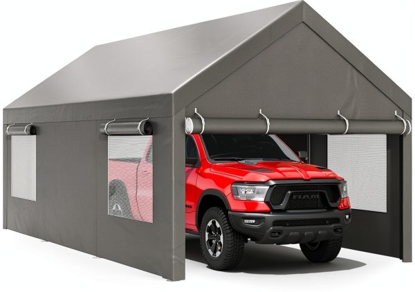 JY QAQA Carport, 12x20 FT Heavy Duty Carport with Removable Side Walls and Doors, Portable Garage with Roll-Up Window and Sandbags, Car Canopy with All-Season Tarp for Cars, Trucks, Boats, Grey-2