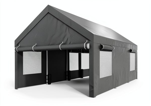 JY QAQA Carport, 12x20 FT Heavy Duty Carport with Removable Side Walls and Doors, Portable Garage with Roll-Up Window and Sandbags, Car Canopy with All-Season Tarp for Cars, Trucks, Boats, Grey-4