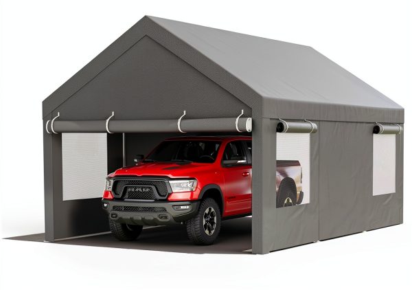 JY QAQA Carport, 12x20 FT Heavy Duty Carport with Removable Side Walls and Doors, Portable Garage with Roll-Up Window and Sandbags, Car Canopy with All-Season Tarp for Cars, Trucks, Boats, Grey-1