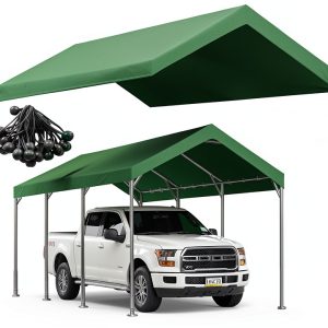 Rutile 10 x 20 FT Carport Replacement Cover, Heavy Duty Car Tarp Canopy Tent Replacement Top w/Ball Bungees Green (Only Top Cover, Frame is not Included)-0