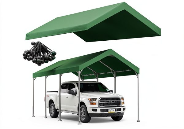 Rutile 10 x 20 FT Carport Replacement Cover, Heavy Duty Car Tarp Canopy Tent Replacement Top w/Ball Bungees Green (Only Top Cover, Frame is not Included)-0