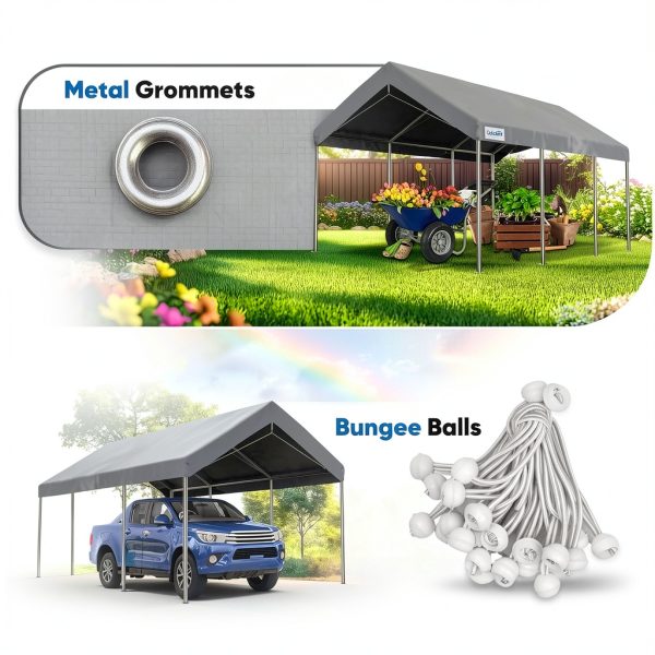 ADVANCE OUTDOOR Replacement Top Cover Tarp for 10x20 ft Carport Canopy with Ball Bungees, Sliver Gray, One Roof Only-4