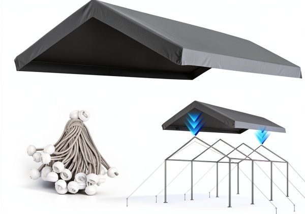 ADVANCE OUTDOOR Replacement Top Cover Tarp for 10x20 ft Carport Canopy with Ball Bungees, Sliver Gray, One Roof Only-0