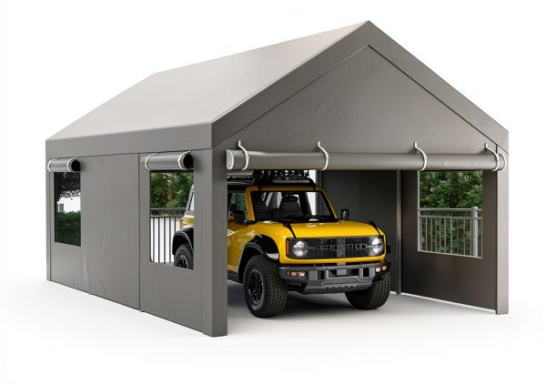 Walsunny Carport, 12x20 ft Heavy Duty Carport Canopy with Roll-up Windows, Portable Garage with Removable Sidewalls & Doors, Car Canopy with All-Season Tarp for Car, Truck, Boat-0