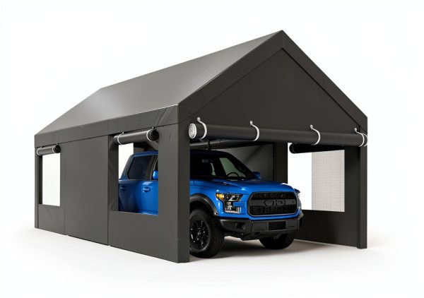 JAMFLY Carport, 12x20 ft Heavy Duty Carport with Roll-up Windows, Portable Garage with Removable Sidewalls & Doors, Car Canopy with Sandbags and All-Season Tarp for Car Boat Truck Motorcycle, Grey-2