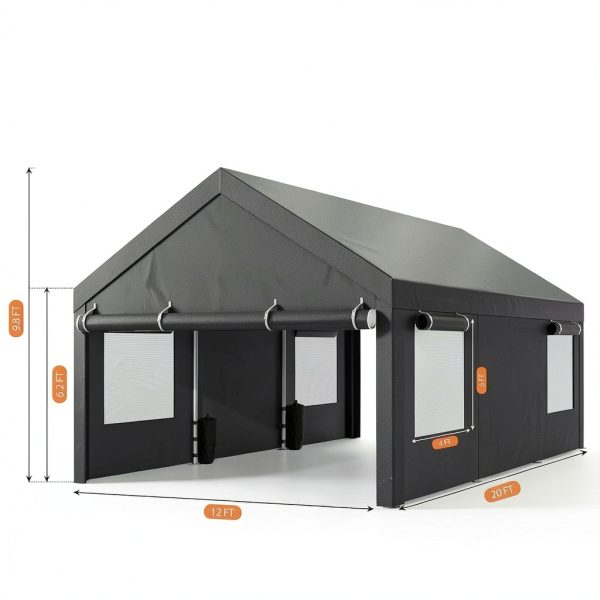 JAMFLY Carport, 12x20 ft Heavy Duty Carport with Roll-up Windows, Portable Garage with Removable Sidewalls & Doors, Car Canopy with Sandbags and All-Season Tarp for Car Boat Truck Motorcycle, Grey-7