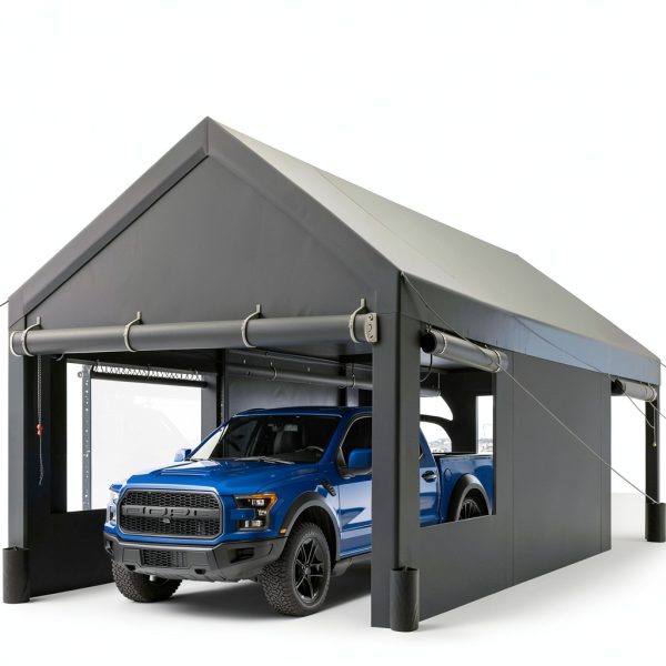 JAMFLY Carport, 12x20 ft Heavy Duty Carport with Roll-up Windows, Portable Garage with Removable Sidewalls & Doors, Car Canopy with Sandbags and All-Season Tarp for Car Boat Truck Motorcycle, Grey-1