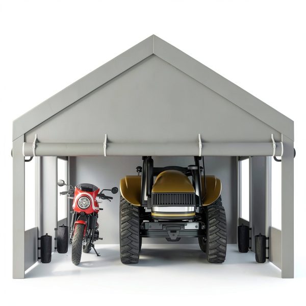 JY QAQA Carport, 12x20 FT Heavy Duty Carport with Removable Side Walls and Doors, Portable Garage with Roll-Up Window and Sandbags, Car Canopy with All-Season Tarp for Cars, Trucks, Boats, Grey-6
