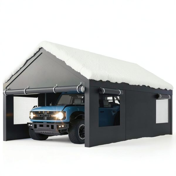 Walsunny Carport, 12x20 ft Heavy Duty Carport Canopy with Roll-up Windows, Portable Garage with Removable Sidewalls & Doors, Car Canopy with All-Season Tarp for Car, Truck, Boat-6