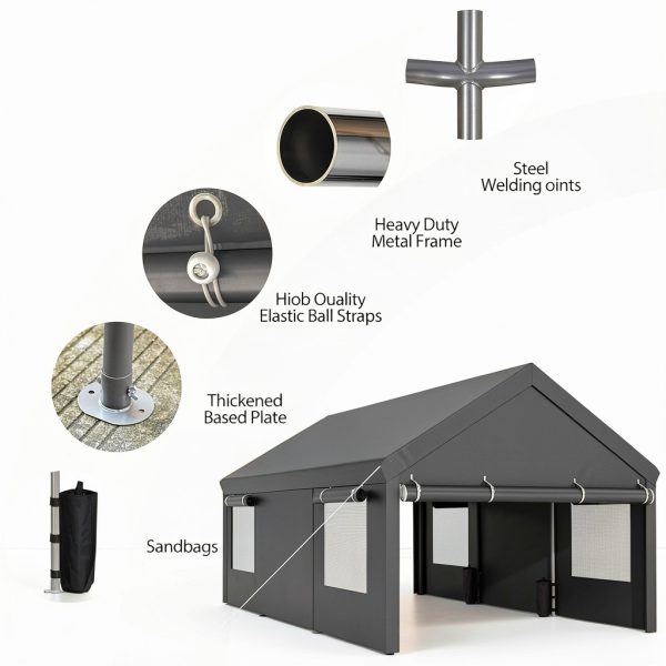 JAMFLY Carport, 12x20 ft Heavy Duty Carport with Roll-up Windows, Portable Garage with Removable Sidewalls & Doors, Car Canopy with Sandbags and All-Season Tarp for Car Boat Truck Motorcycle, Grey-3